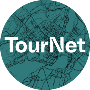 TourNet logo with white text on a teal coloured map background.